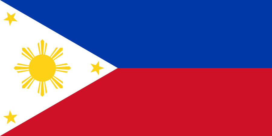 Grafik: Die Flagge der Philippinen - die obere Hälfte ist blau, die untere Hälfte rot. Links schließt ein weißes Dreieck an, mit einem kleinen gelben Stern in jeder Ecke und einem großen gelben Stern in der Mitte.